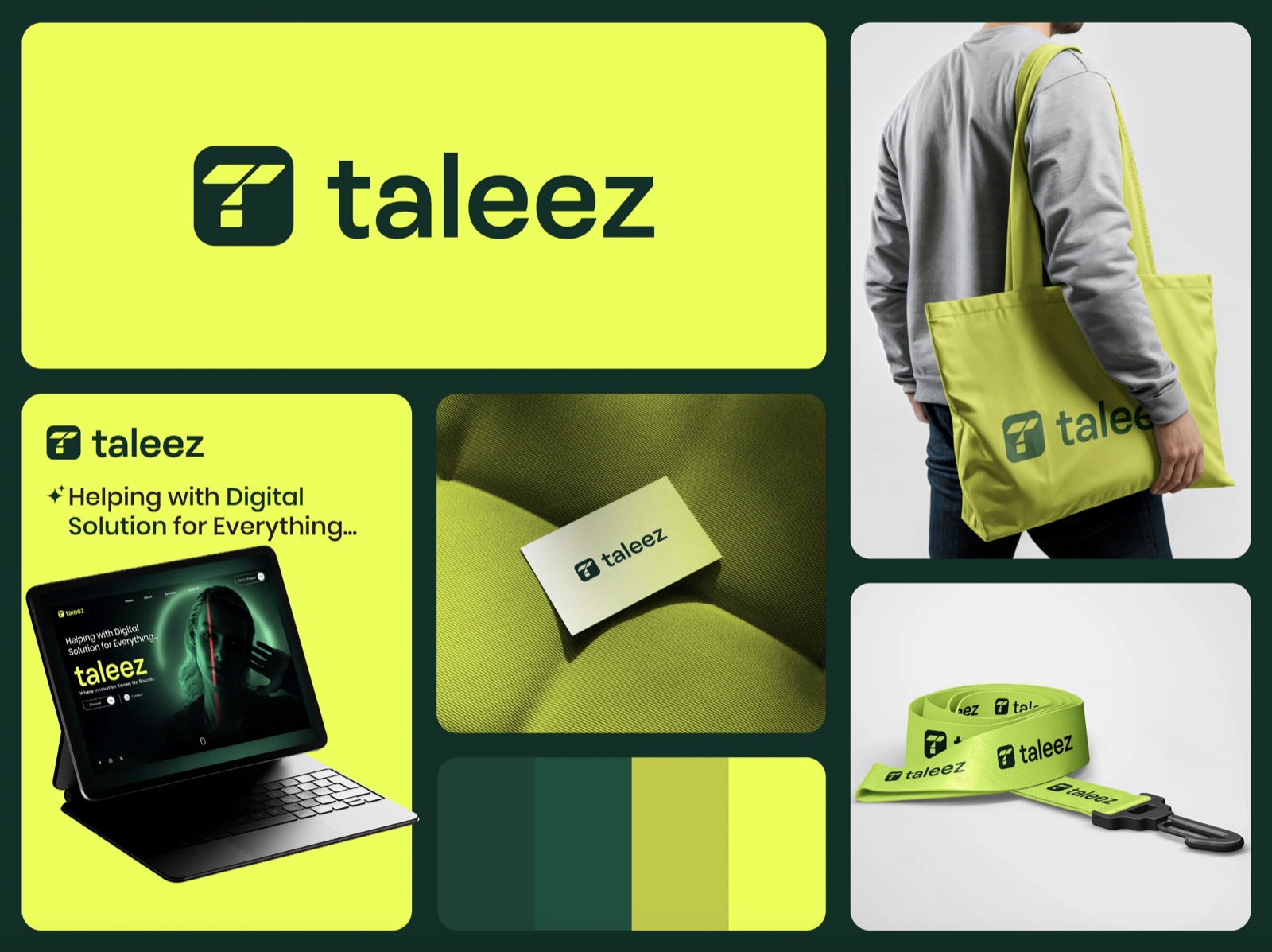 Taleez brand mockup with a lime tote bag, stationery, and digital designs