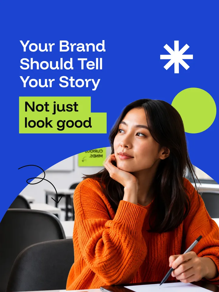 Brand story design on electric blue: a portrait in an orange sweater under the headline Your brand should tell your story, not just look good