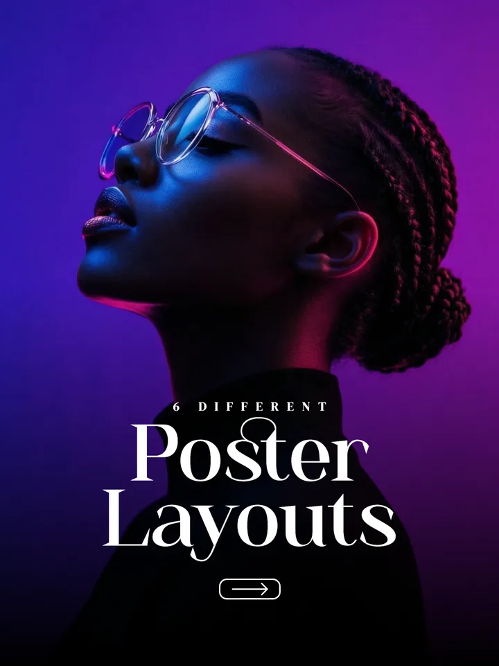 A Poster Layouts cover: a profile portrait in blue and magenta light above the words 6 different poster layouts