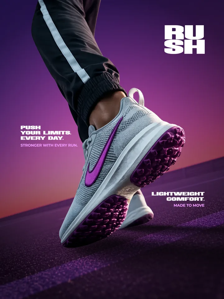 Rush running shoe design in violet light with the line Push your limits every day