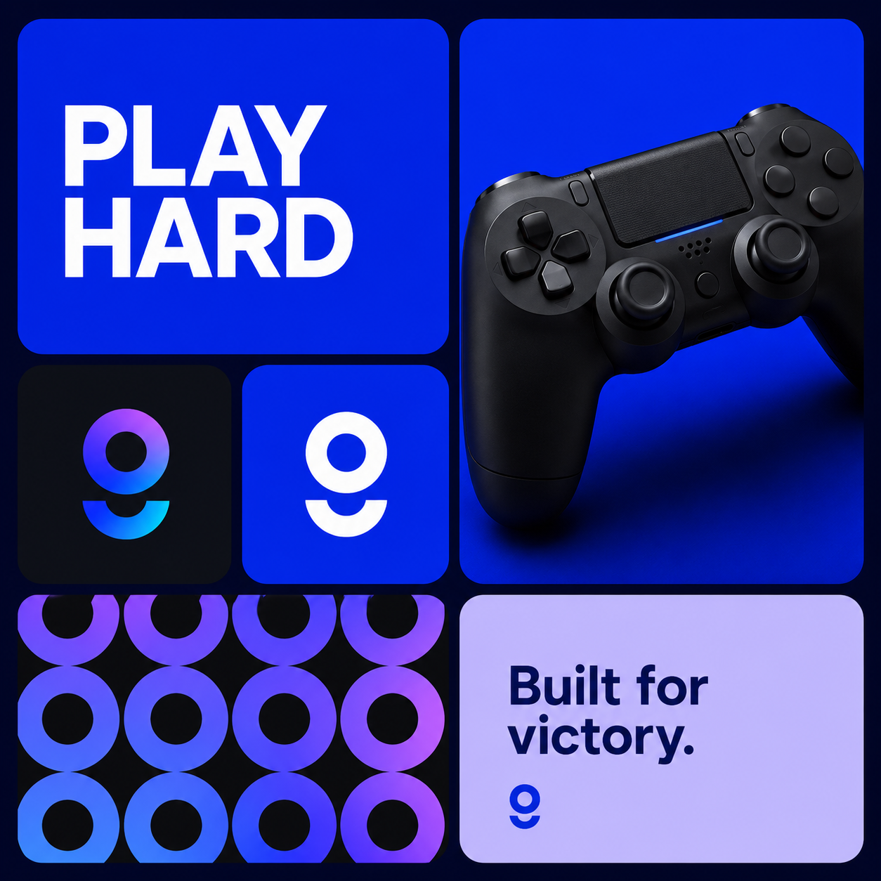 Play Hard gaming identity in electric blue and black