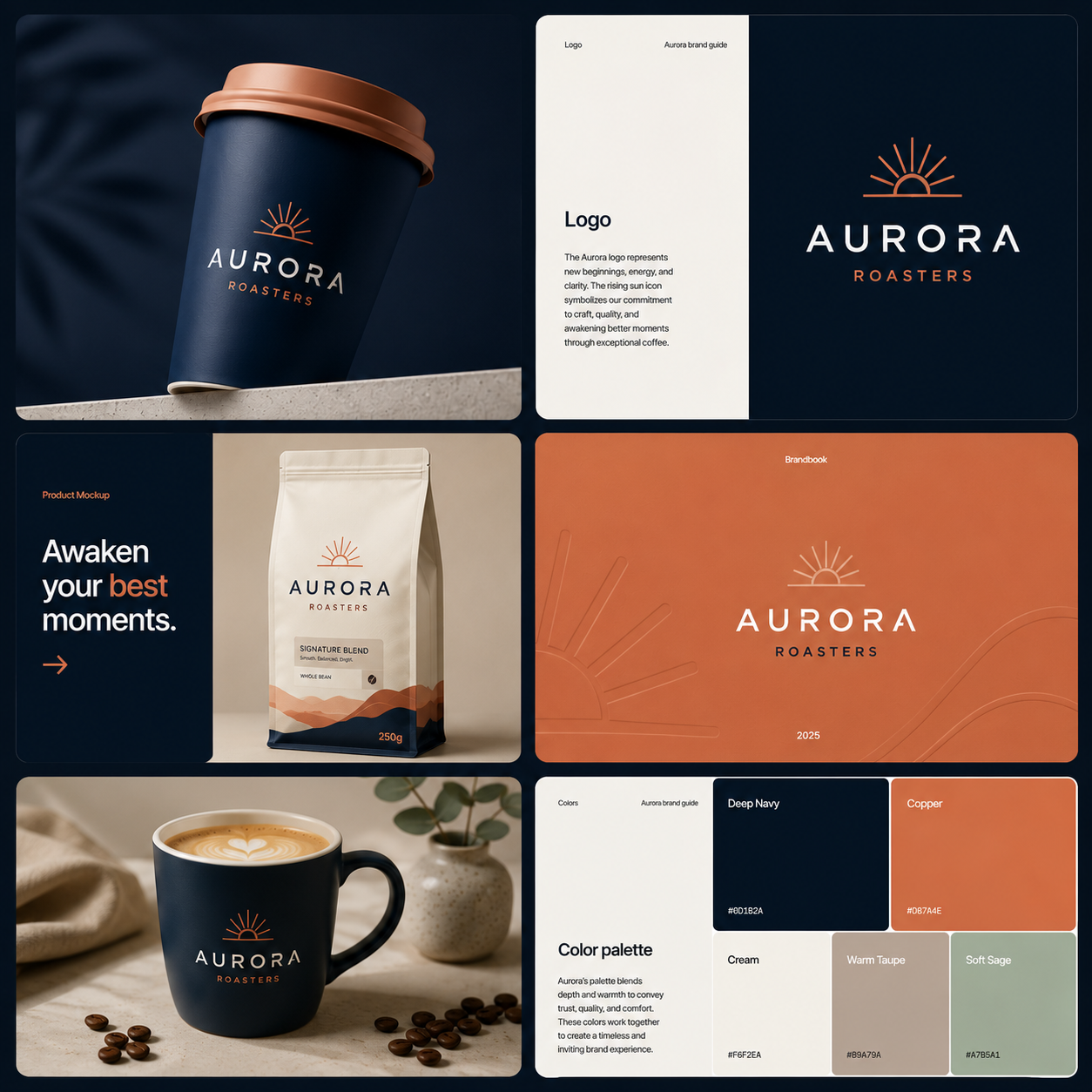 Aurora brand identity with warm terracotta and midnight blue stationery