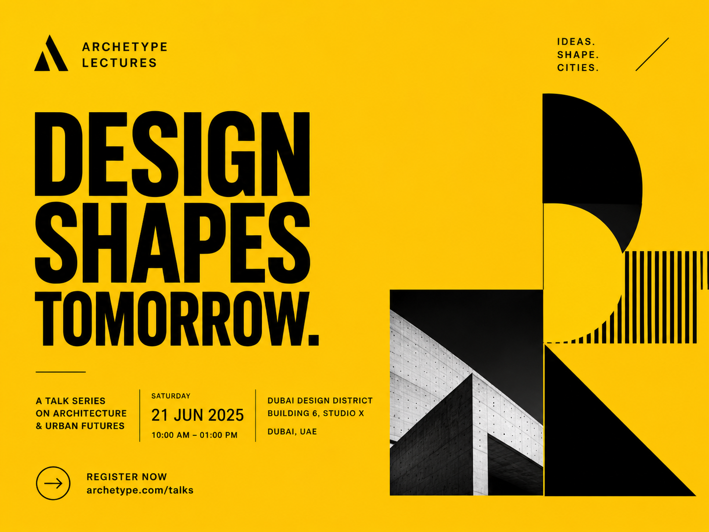 Bold yellow and black Design Shapes Tomorrow exhibition poster