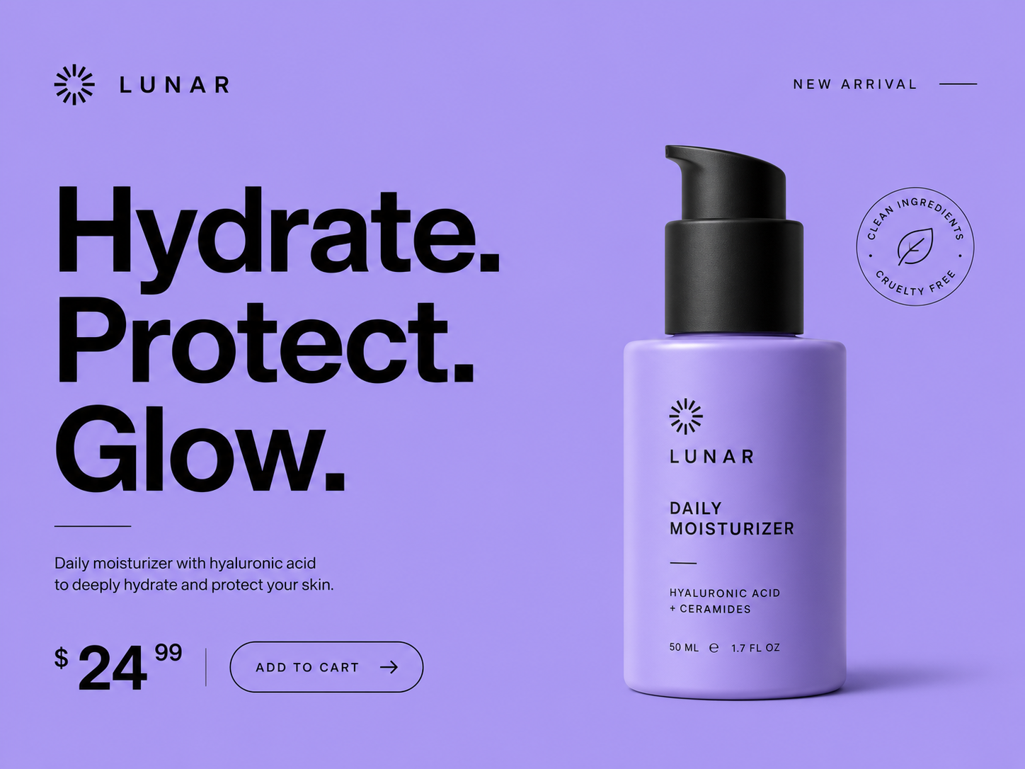 Lunar skincare campaign with black packaging on a lavender background